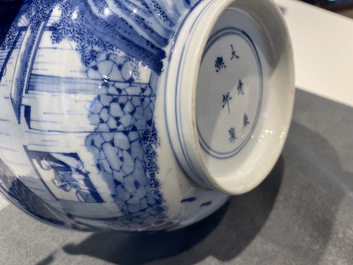 Un bol imp&eacute;rial en porcelaine de Chine en bleu et blanc &agrave; d&eacute;cor de la riziculture, marque et &eacute;poque de Kangxi